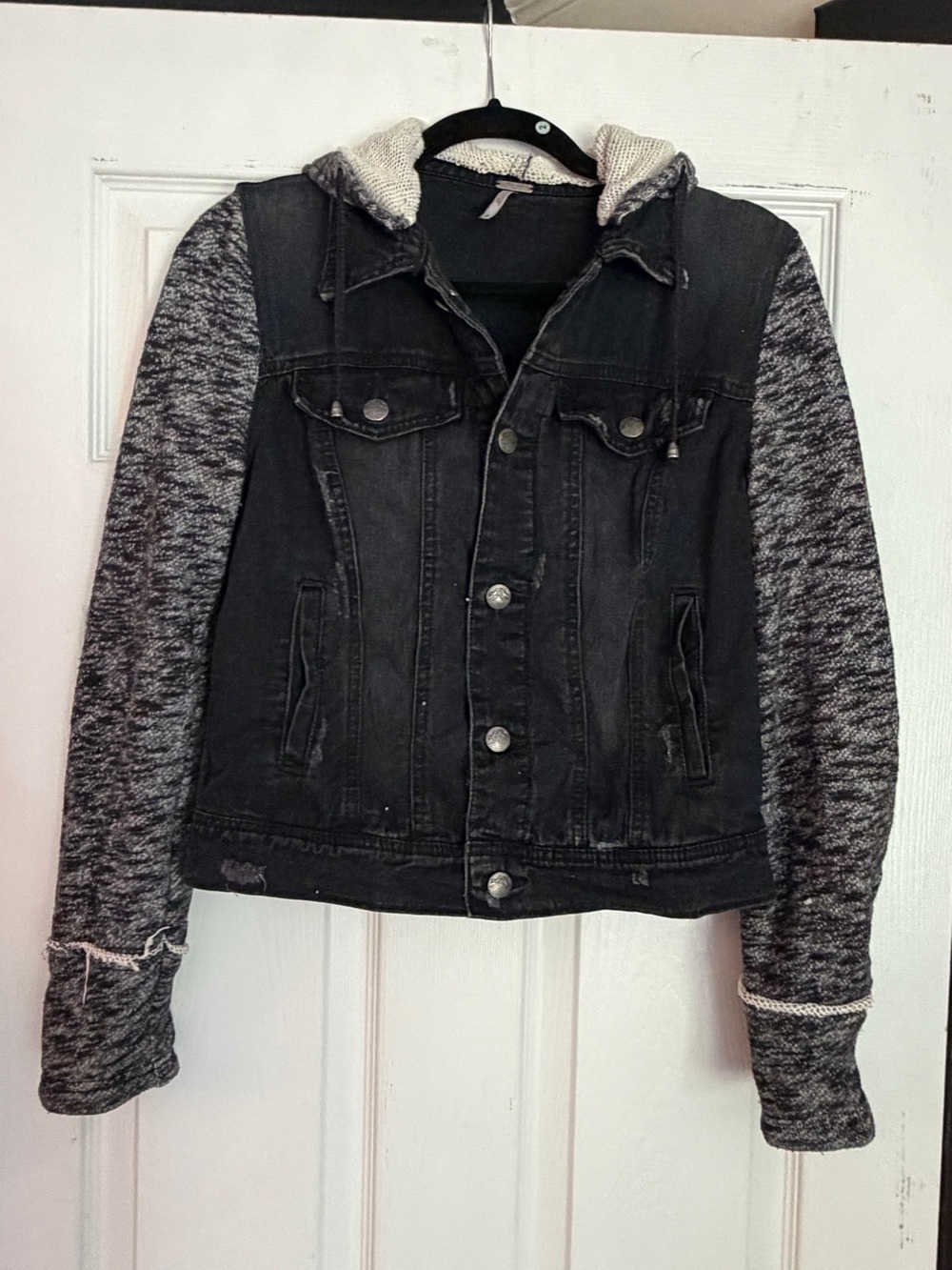 Free People distressed denim and jersey jacket Small black grey